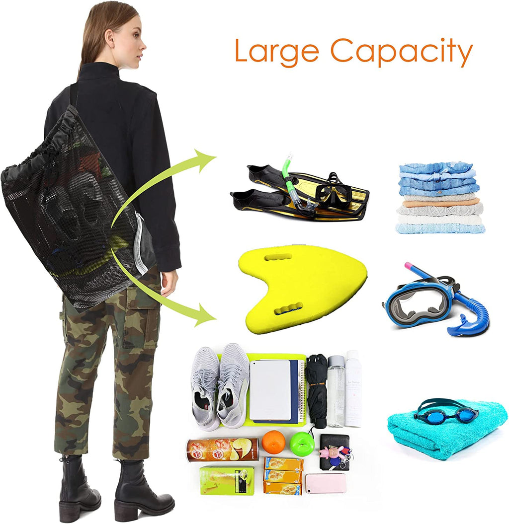 Mesh Drawstring Bag Swim Backpack for Beach Pool Sports Gym Draw String Cinch Bags for Swimming Soccer Basketball Gear Black